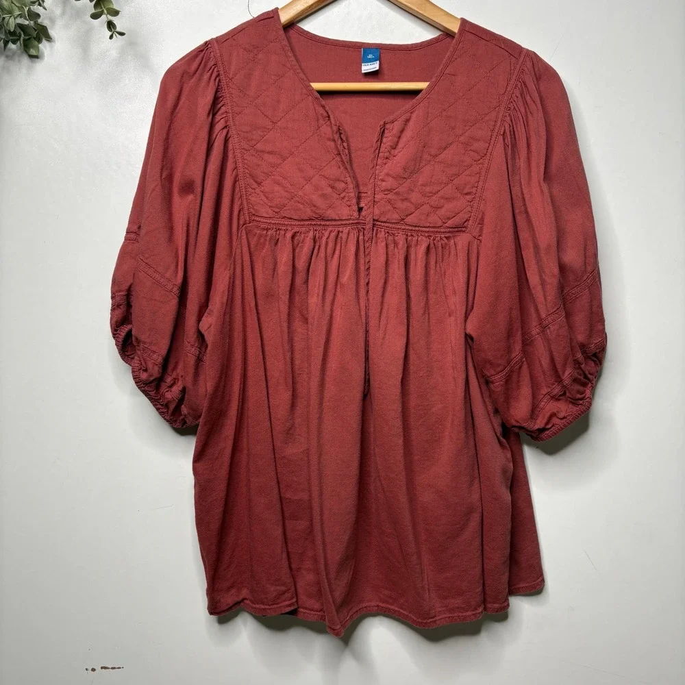 Old Navy Terracotta Red Quilted Yoke Peasant Puff Sleeve Blouse XL Tall